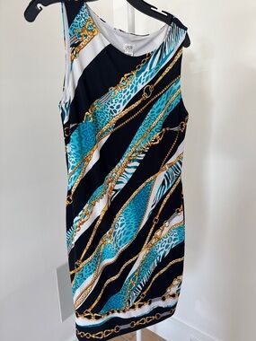 Cache Sleeveless Chain Print Sheath Dress - Black & Teal